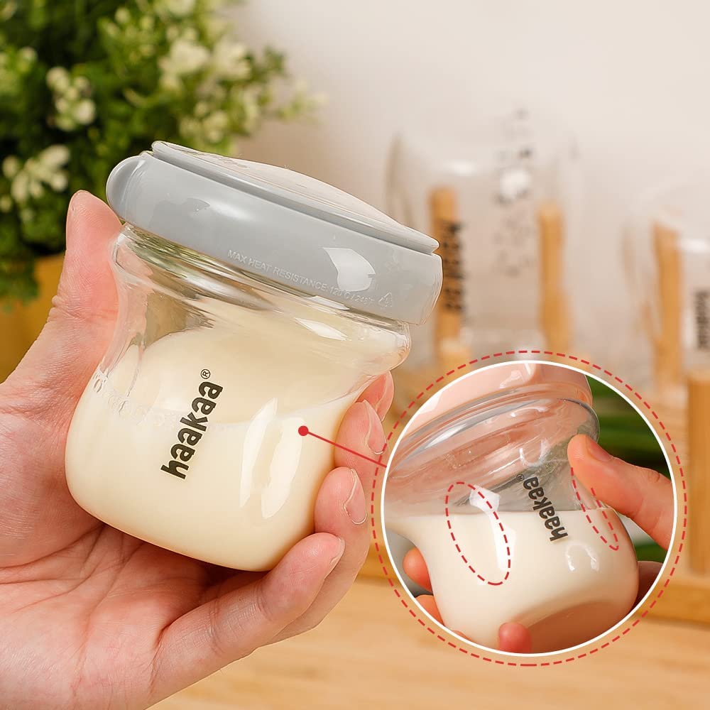 haakaa Breastmilk Storage Container Glass Baby Food Jar- Baby Food Storage Containers Leakproof Lid, Gen.3 Baby Bottle, Microwave and Freezer-Friendly,BPA-Free(Grey, 4.2oz/120ml, 1 pc)