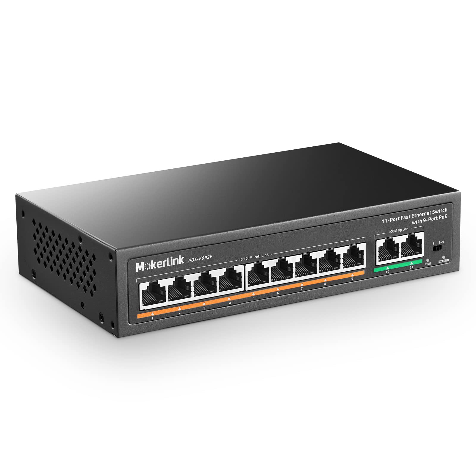 MokerLink 11 Port PoE Switch with 9 Port PoE+, 2 Fast Ethernet UpLink, 10/100Mbps, 120W 802.3af/at PoE, Fanless Plug & Play Network Switch