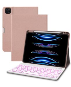 ipad air 5th/4th generation keyboard case 2022/2020, ipad pro 11 1st/2nd/3rd 2018/2020/2021 10.9 inch case with keyboard & pencil holder, removable 7 colors backlit bluetooth wireless keyboard (pink)