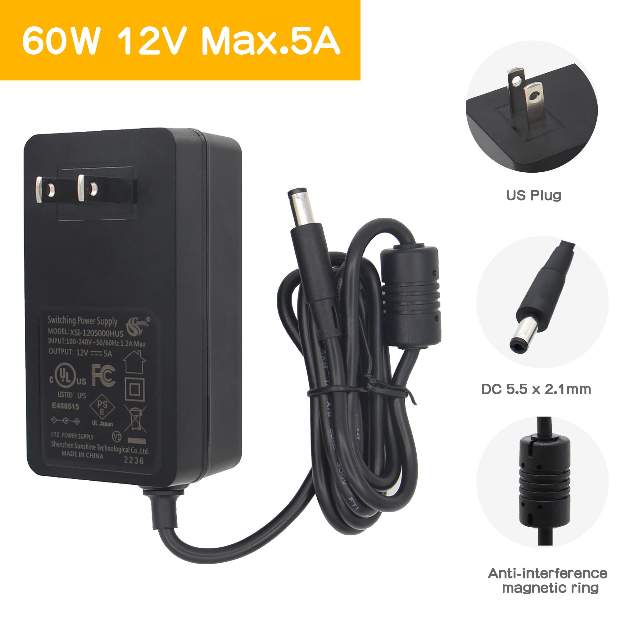 Geekworm DC 12V 5A 60W Power Adapter | UL Listed | AC 100-240V | DC 5521 Jack | for Raspberry Pi X735 V3.0/X885/X729/X1202/X1203/X1009/X-UPS1/LED Strips/3D Printer/Security Cameras/Audio Amplifier