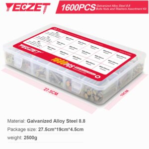 YEEZET 1600PCS M4 M5 M6 Grade 8.8 Heavy Duty Bolts and Nuts Flat & Lock Washers Assortment Kit Includes 15 Most Common Sizes