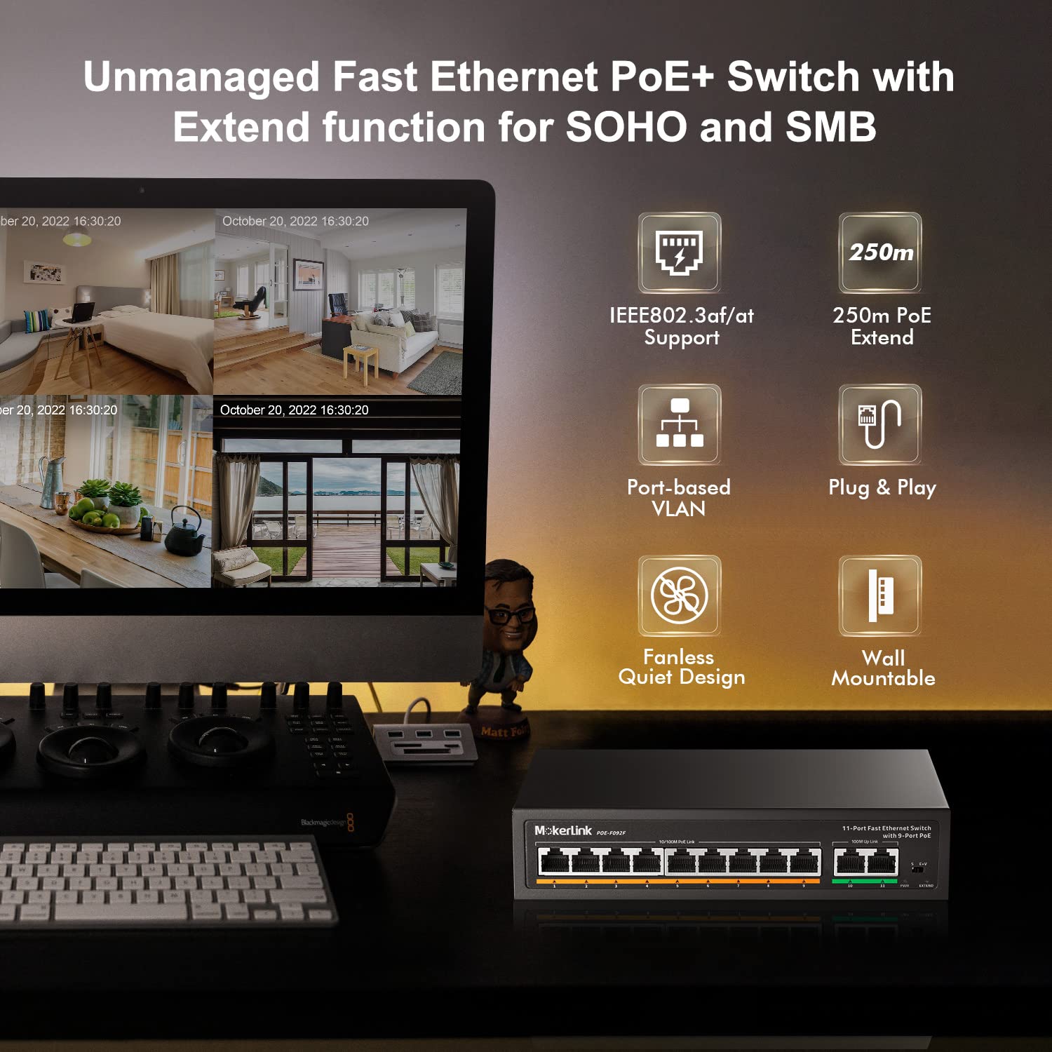 MokerLink 11 Port PoE Switch with 9 Port PoE+, 2 Fast Ethernet UpLink, 10/100Mbps, 120W 802.3af/at PoE, Fanless Plug & Play Network Switch