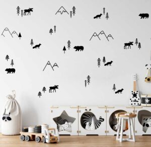 wilderness wall decals mountains vinyl wall stickers boys room forest animals decor nursery forest compilation tree and animals decals y44 (black)