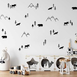 Wilderness Wall Decals Mountains Vinyl Wall Stickers Boys Room Forest Animals Decor Nursery Forest Compilation Tree and Animals Decals Y44 (Black)