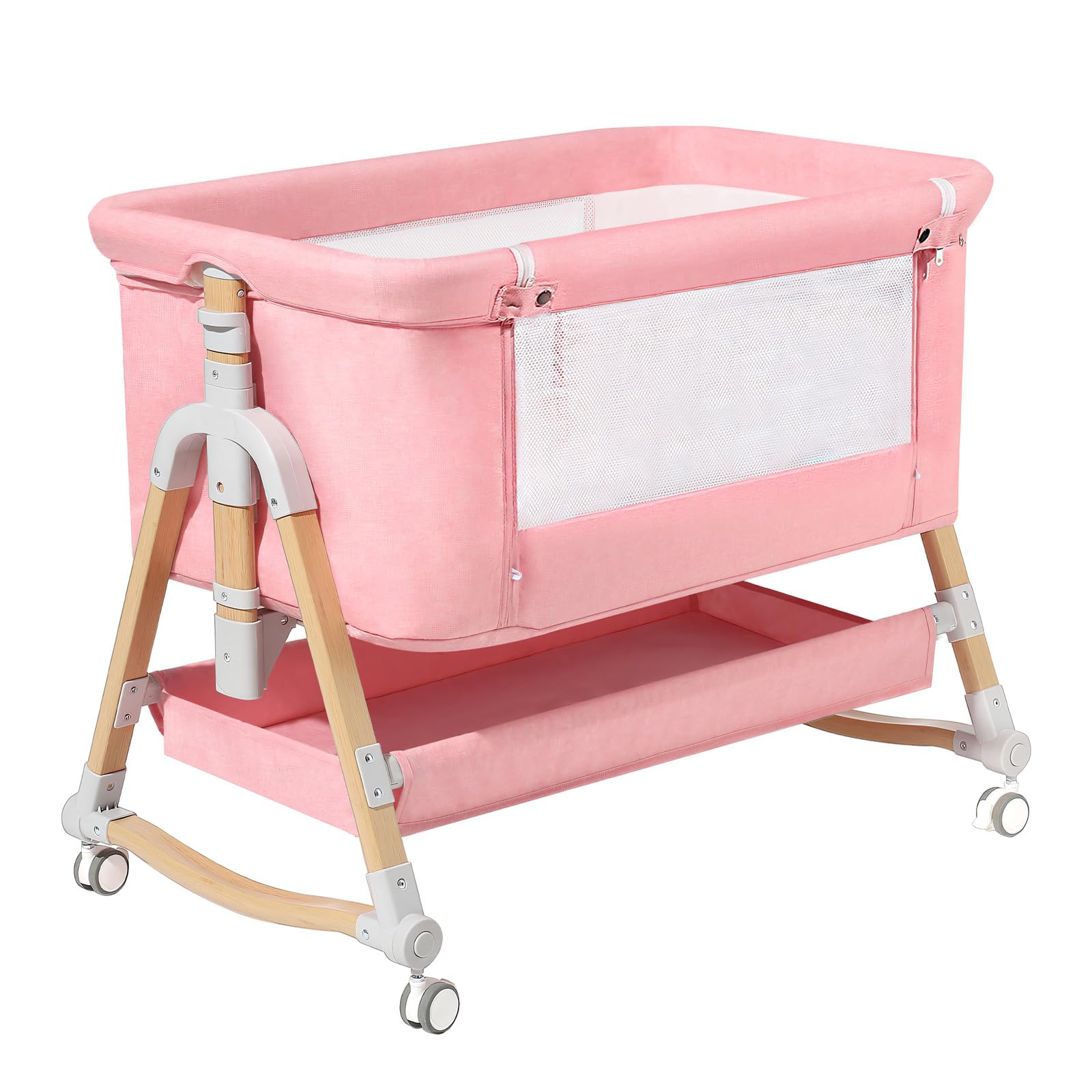 HARPPA Cuddly 3 in 1 Baby Bassinet Bedside Sleeper(Mosquito Net Included), Five-Position Adjustable Bedside Crib with Storage for Newborns, Portable Bassinet with Anchor Strap (Wood Grain, Pink)