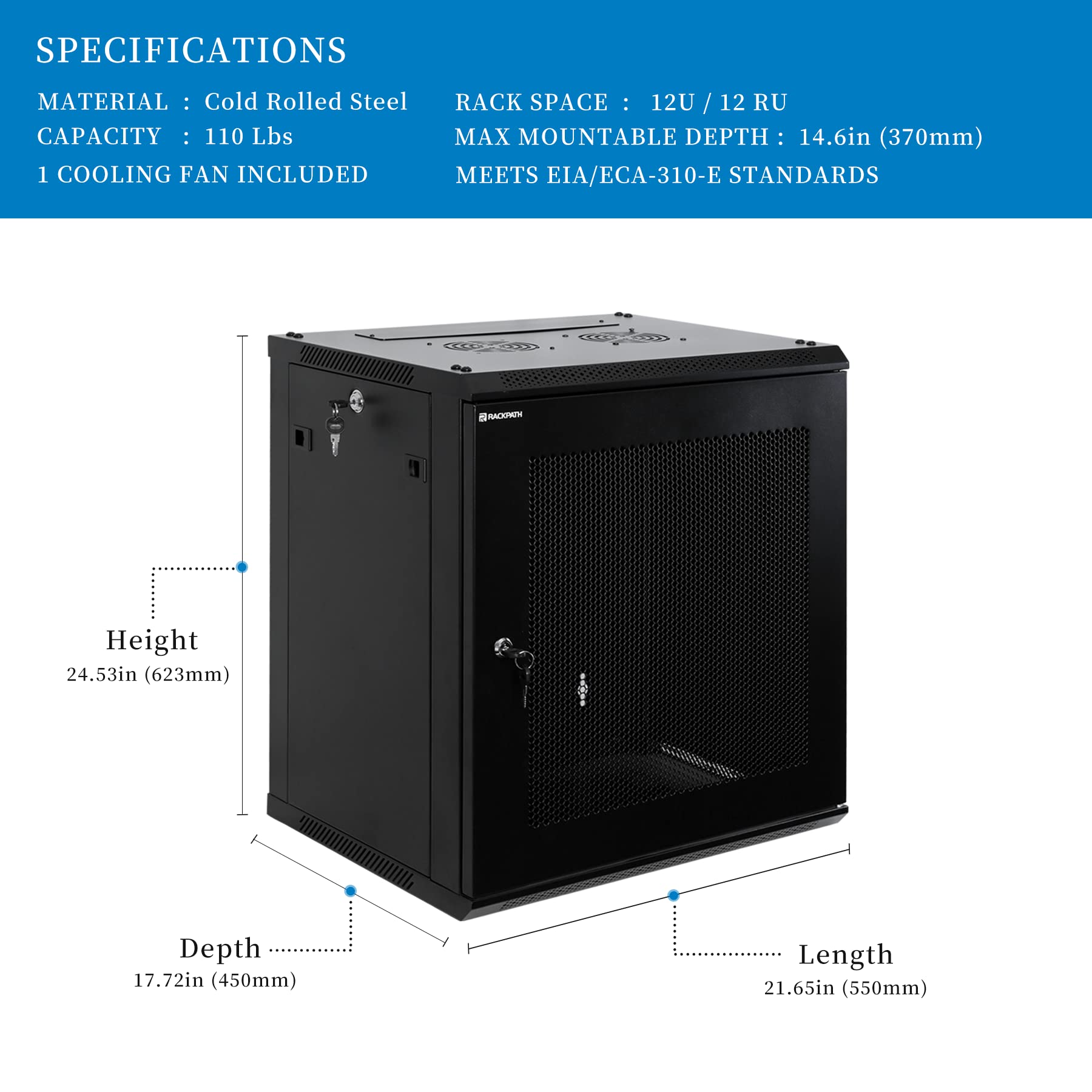 RackPath 12U Wall Mount Server Cabinet Network Rack Enclosure, Quiet Cooling Fan, Perforated Door, Black