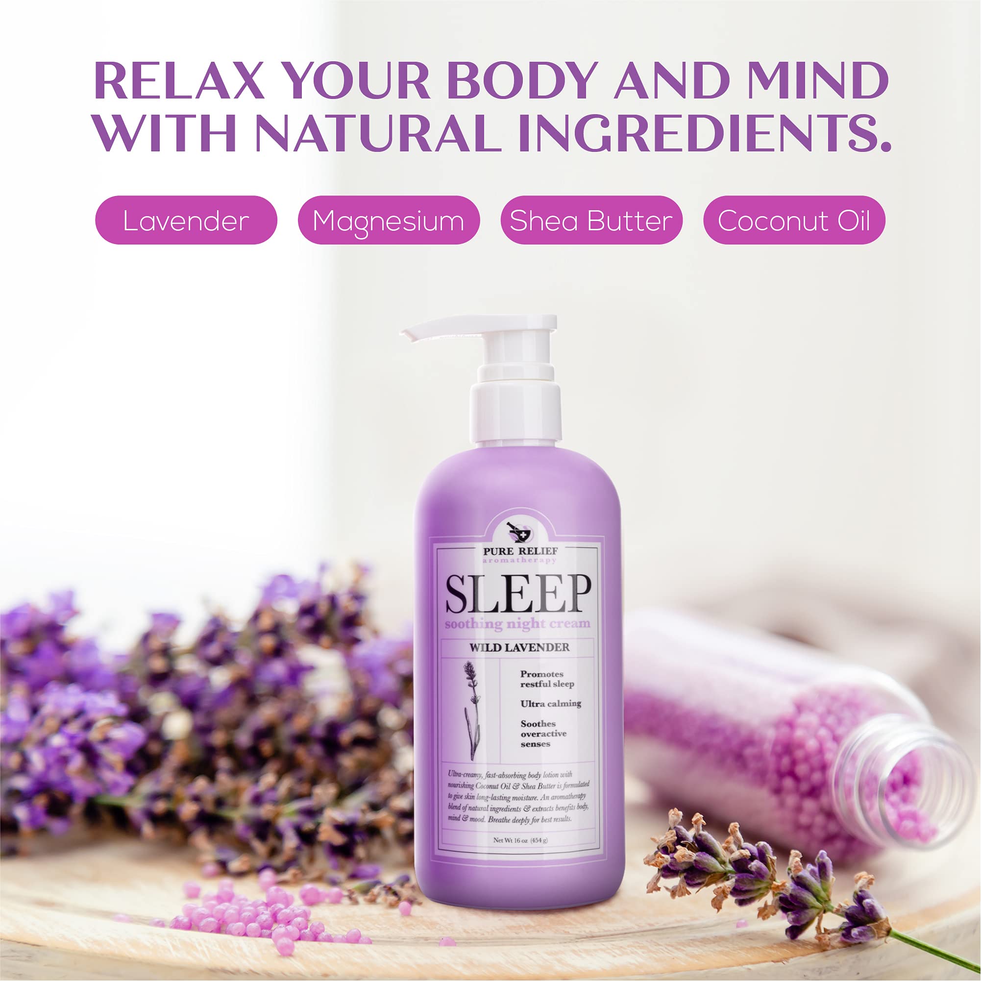 Pure Relief Sleep Body Lotion W/Lavender + Stress Relief Body Cream W/Eucalyptus & Arnica Aromatherapy Dry Skin Rescue Moisturizer Skin Care 2PC Set, Herbal Soothing Body Lotions, 16 Ounce (2-Pack)