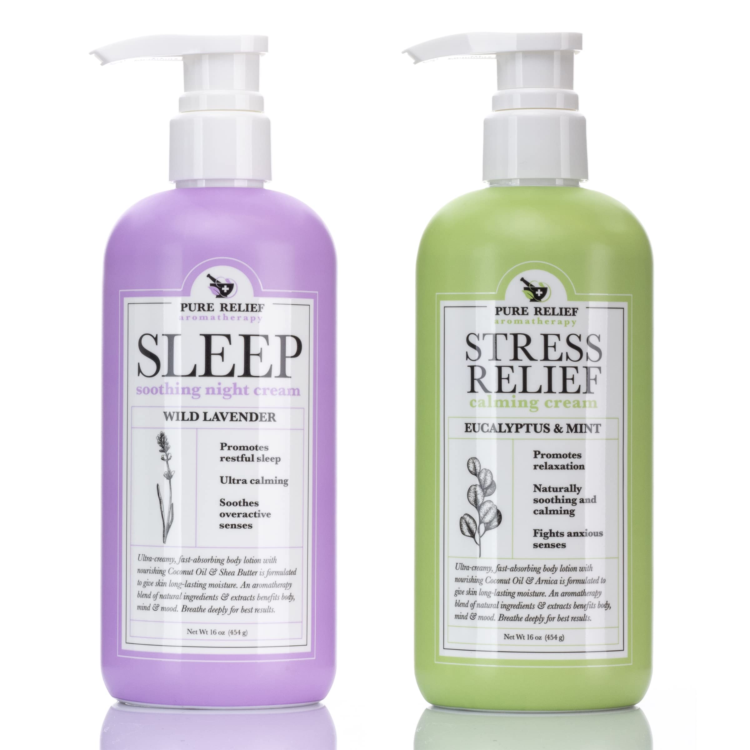 Pure Relief Sleep Body Lotion W/Lavender + Stress Relief Body Cream W/Eucalyptus & Arnica Aromatherapy Dry Skin Rescue Moisturizer Skin Care 2PC Set, Herbal Soothing Body Lotions, 16 Ounce (2-Pack)