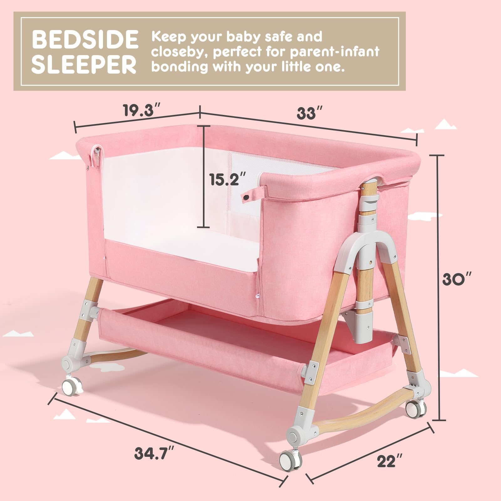 HARPPA Cuddly 3 in 1 Baby Bassinet Bedside Sleeper(Mosquito Net Included), Five-Position Adjustable Bedside Crib with Storage for Newborns, Portable Bassinet with Anchor Strap (Wood Grain, Pink)