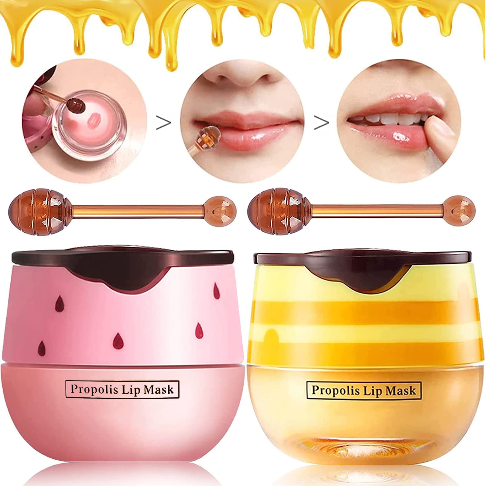 2 Pack Bee Lip Balm Honey Pot, Honey & Strawberry Lip Mask Propolis Lip Mask Moisturizing Hydrating Prevention Dry and Cracked Lip Scrubs Exfoliator (Honey+Strawberry)