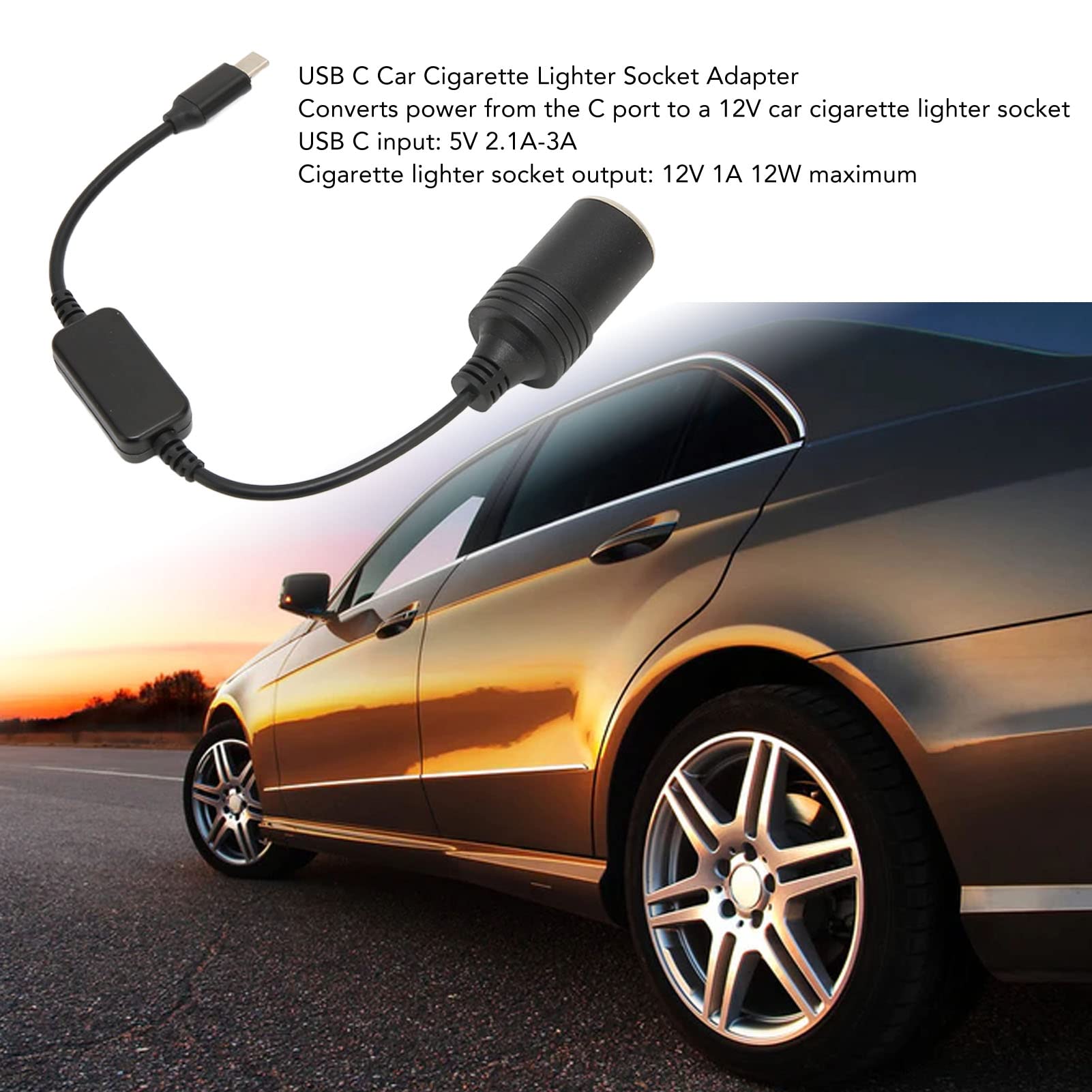 5V USB C Male to 12V Car Cigarette Lighter Socket Female Converter, Power Adapter Converter, for Driving Recorder DVR Dash Camera GPS, 0./11.8in