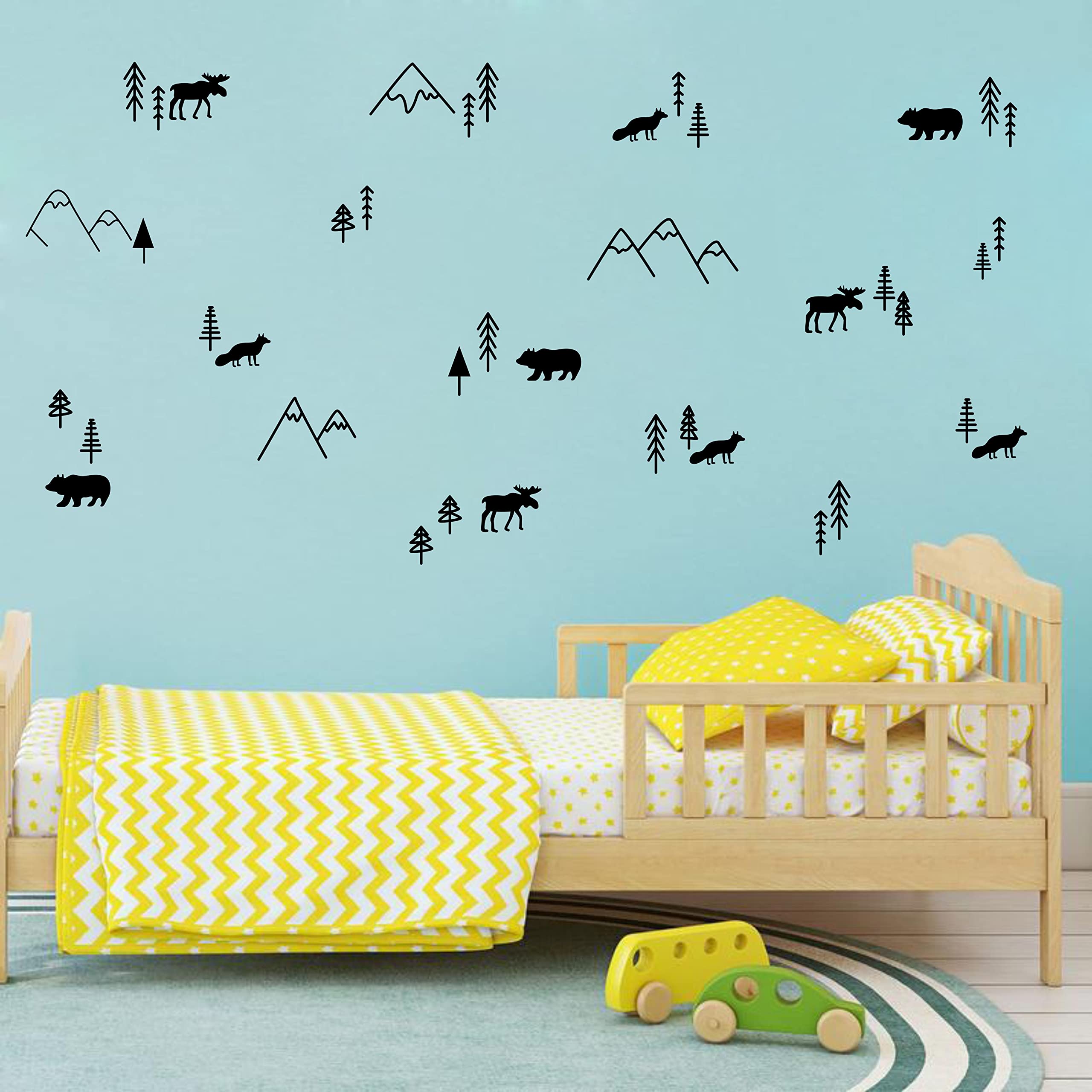 Wilderness Wall Decals Mountains Vinyl Wall Stickers Boys Room Forest Animals Decor Nursery Forest Compilation Tree and Animals Decals Y44 (Black)