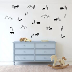 Wilderness Wall Decals Mountains Vinyl Wall Stickers Boys Room Forest Animals Decor Nursery Forest Compilation Tree and Animals Decals Y44 (Black)