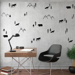 Wilderness Wall Decals Mountains Vinyl Wall Stickers Boys Room Forest Animals Decor Nursery Forest Compilation Tree and Animals Decals Y44 (Black)