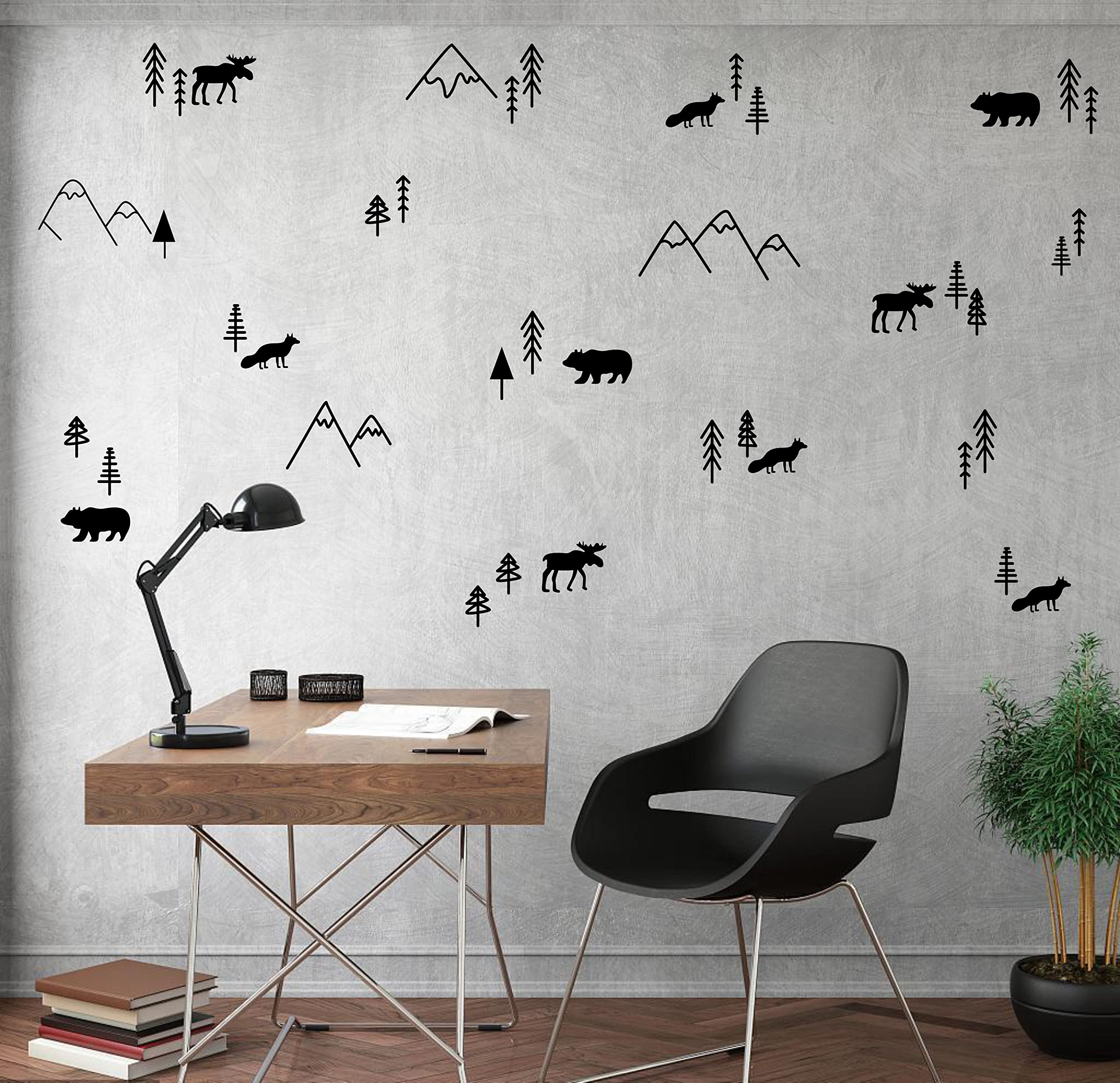 Wilderness Wall Decals Mountains Vinyl Wall Stickers Boys Room Forest Animals Decor Nursery Forest Compilation Tree and Animals Decals Y44 (Black)