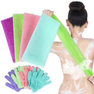 8 Pcs Shower Gloves Body Exfoliating Wash Gloves Set 4 Exfoliating Bath Washcloth Towel Body Scrubber Nylon Back Washer 4 Pair Scrub mitts for Women Men Skin Stretchable Pull Strap Washcloth