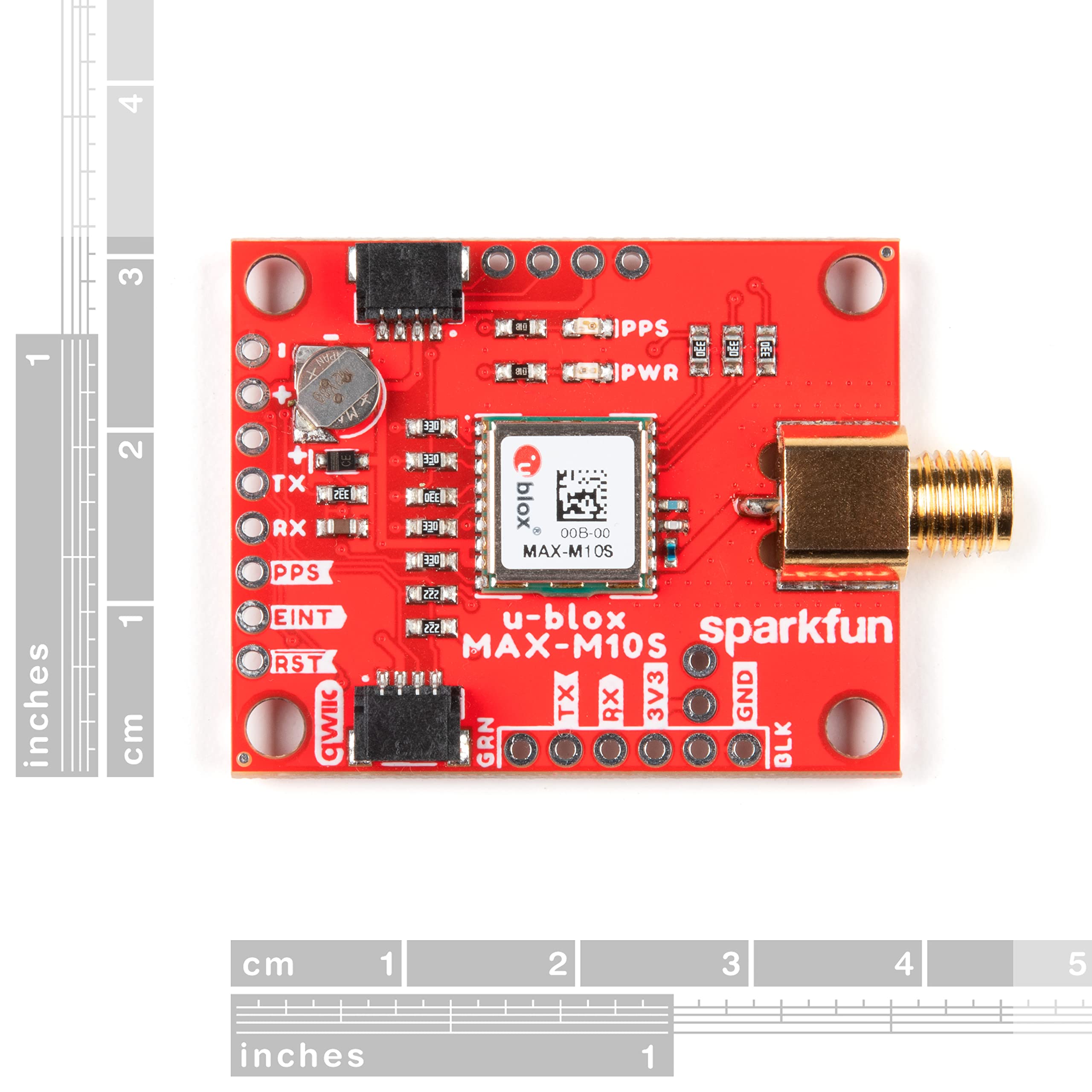 SparkFun GNSS Receiver Breakout - MAX-M10S Module 3.3V VCC and I/O Software Configurable Board Dimensions: 1.74"in x 1.20"in