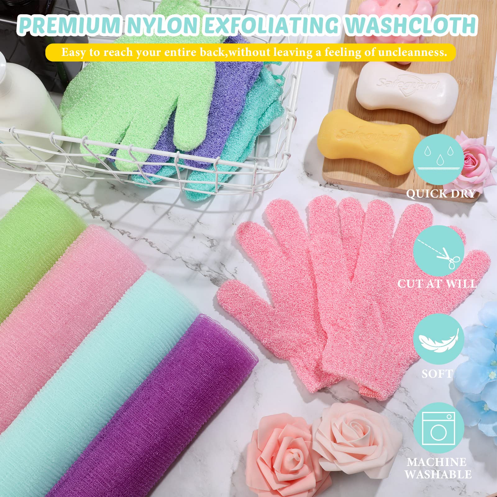 8 Pcs Shower Gloves Body Exfoliating Wash Gloves Set 4 Exfoliating Bath Washcloth Towel Body Scrubber Nylon Back Washer 4 Pair Scrub mitts for Women Men Skin Stretchable Pull Strap Washcloth