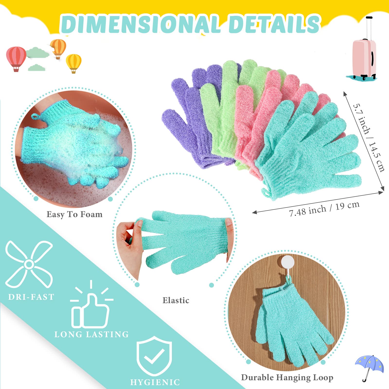 8 Pcs Shower Gloves Body Exfoliating Wash Gloves Set 4 Exfoliating Bath Washcloth Towel Body Scrubber Nylon Back Washer 4 Pair Scrub mitts for Women Men Skin Stretchable Pull Strap Washcloth