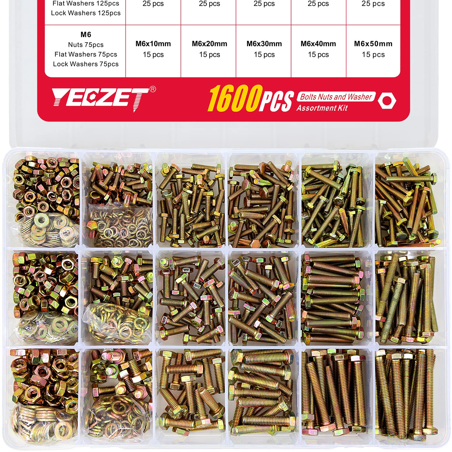 YEEZET 1600PCS M4 M5 M6 Grade 8.8 Heavy Duty Bolts and Nuts Flat & Lock Washers Assortment Kit Includes 15 Most Common Sizes