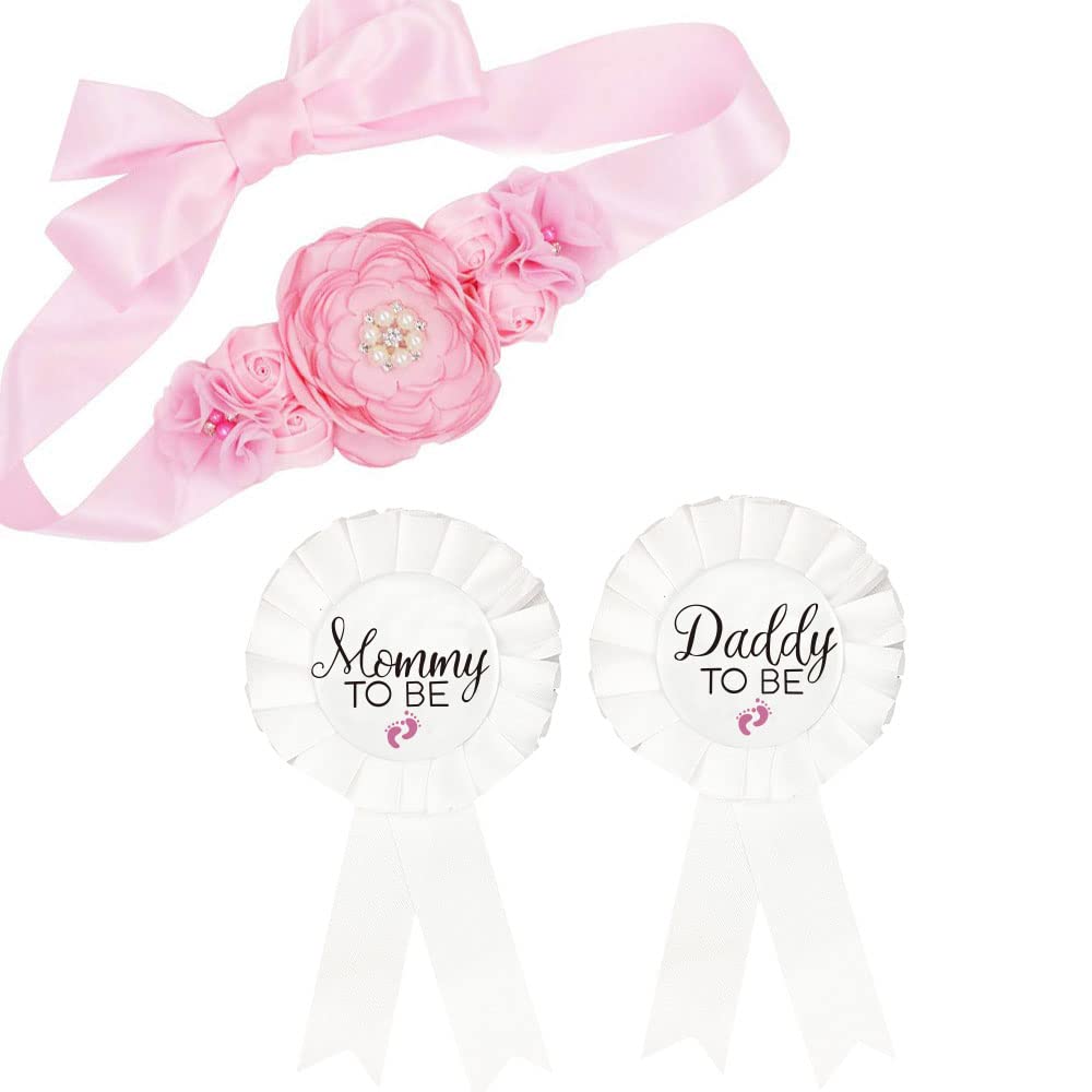 CoolerthingsDG, 3pcs 2 badges white and a Belly Belt Pink, Baby Pink Maternity Sash & Daddy to Be Corsage Set - Baby Shower Sash Baby Girl Pregnancy Sash Keepsake Baby Shower Flower Belly Belt