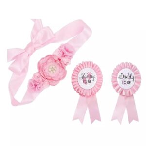 GDTO8820 CoolerthingsDG, 3pcs 2 badges and a belt Pink, Baby Pink Maternity Sash & Daddy to Be Corsage Set - Baby Shower Sash Baby Girl Pregnancy Sash Keepsake Baby Shower Flower Belly Belt