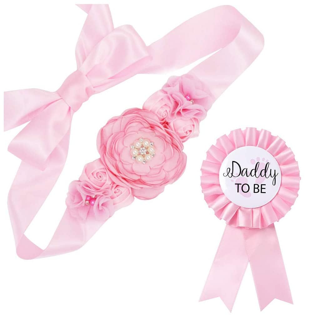 GDTO8820 CoolerthingsDG, 3pcs 2 badges and a belt Pink, Baby Pink Maternity Sash & Daddy to Be Corsage Set - Baby Shower Sash Baby Girl Pregnancy Sash Keepsake Baby Shower Flower Belly Belt