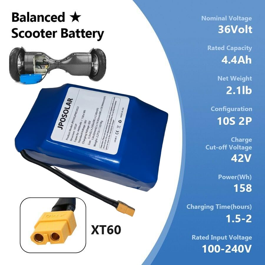 JPOSolar 36V 4.4AH Lithium Li-ion Battery Replacement with XT60 Plug and 6 Months Warranty by Factory. Made in USA. PLEASE WATCH The VIDEO for MORE PRODUCT INFORMATION.