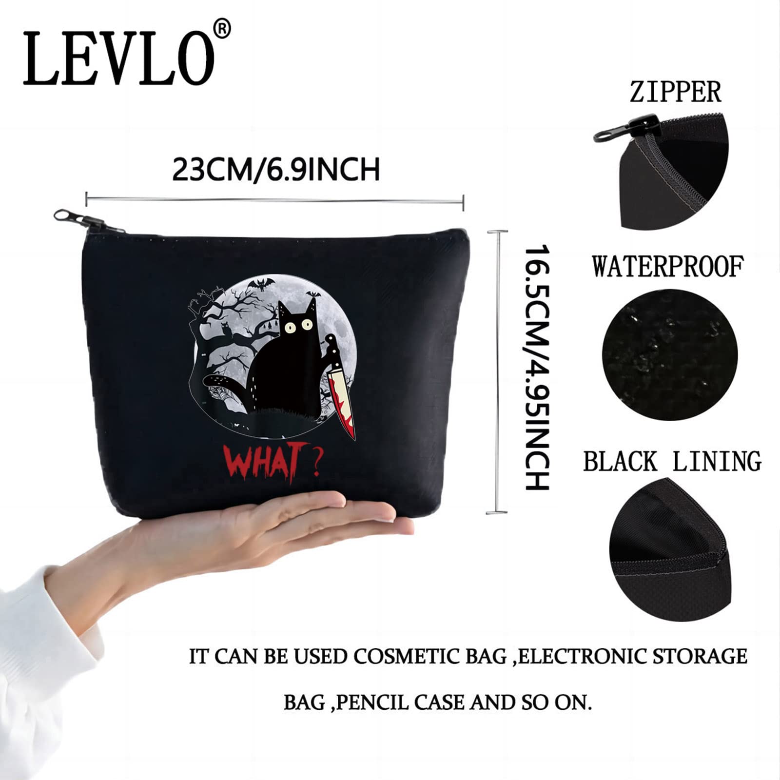 LEVLO Murderous Cat With Knife Cosmetic Make Up Bag Sneaky Cat Inspired Gifts Cat What Makeup Zipper Pouch Bag(Black Cat What)