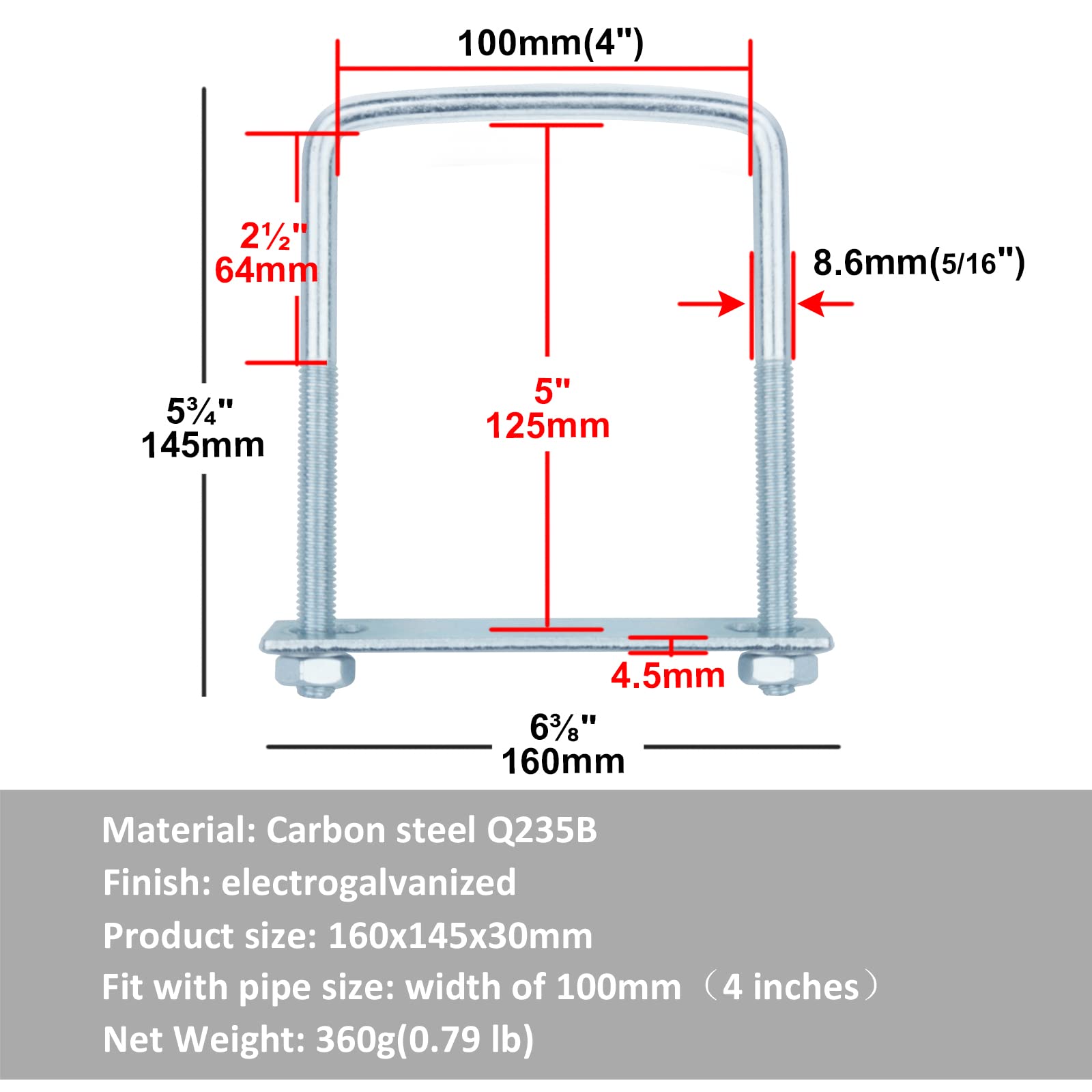 6 Pcs Square U-Bolts 4 inch Inner Width, Galvanized Steel Square Trailer U-Bolt, Square Bend U-Bolts, U Clamps, Adjustable Length: 64-125mm(2-1/2"-5")