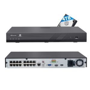 gwsecu 4k 16 channel h.265 poe nvr with 4tb hdd, (3mp/4mp/5mp/6mp/8mp) network video recorder, supports up to 16x 8mp/4k ip cameras, two sata ports up to 20tb, remote access, nvr16p-4t