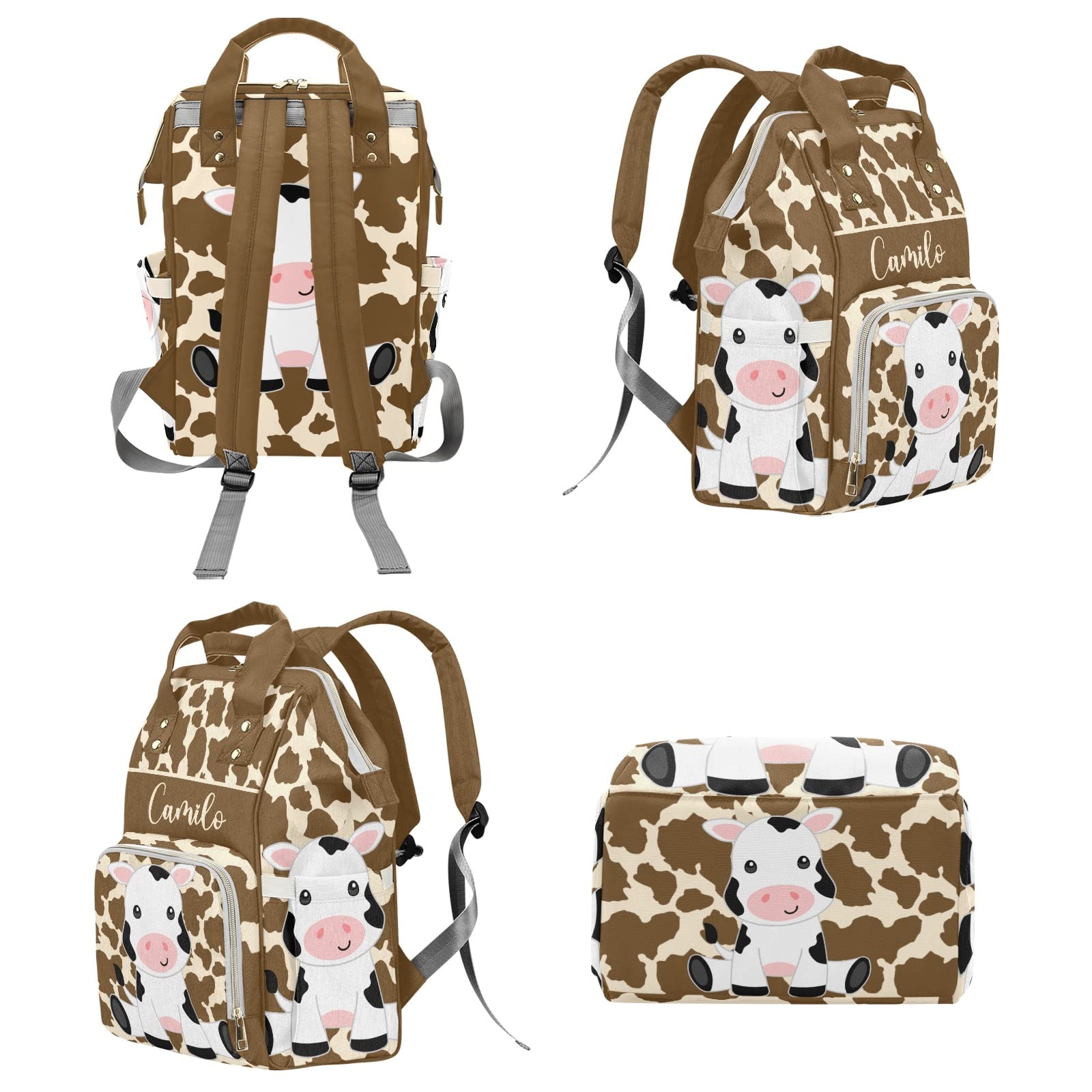 Cute Farm Cow White Brown Personalized Diaper Backpack with Name,Custom Travel DayPack for Nappy Mommy Nursing Baby Bag One Size