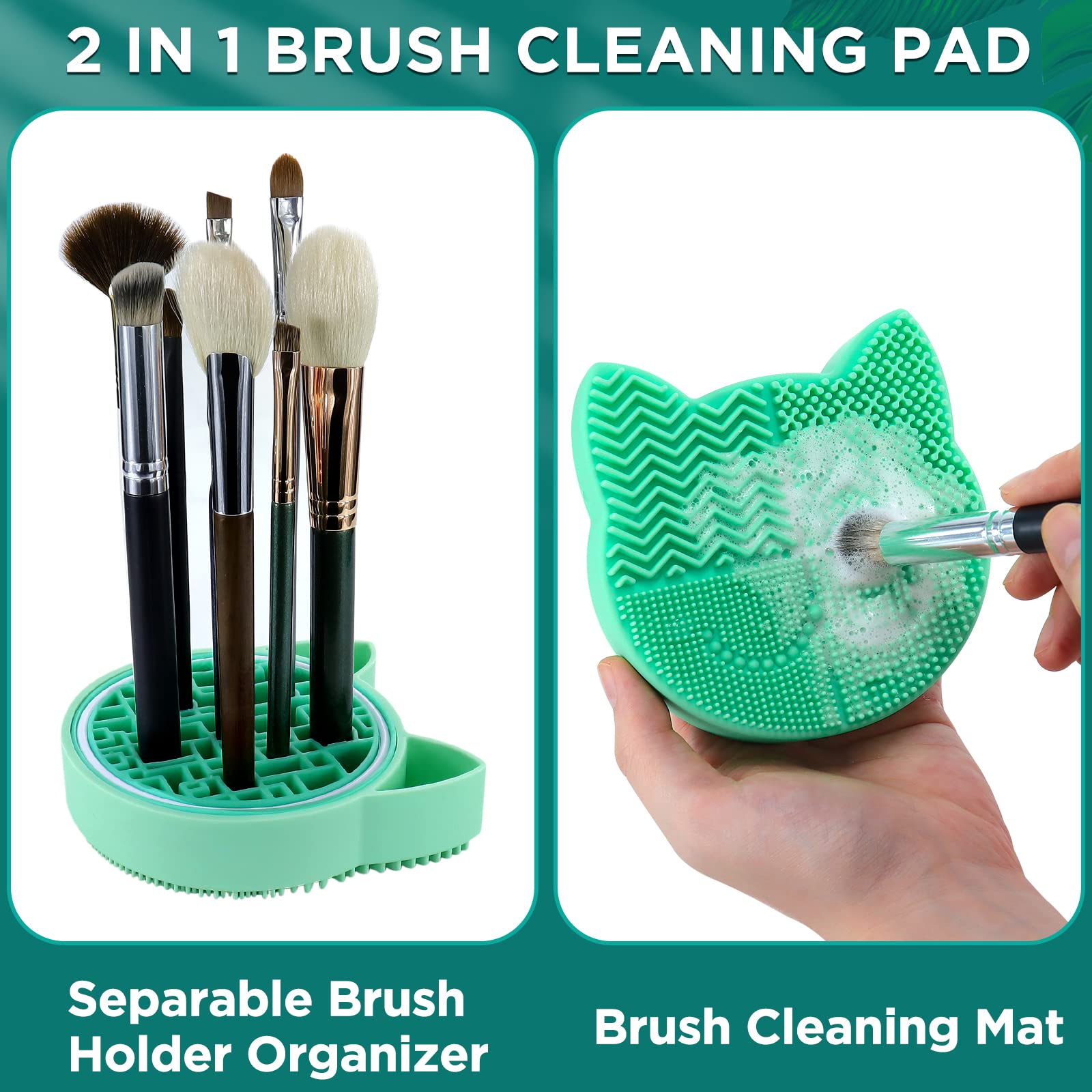 Makeup Brush Cleaner Mat-Silicone Beauty Wash Pad with Dryer Holder 2 in 1 Portable Cosmetic Tool (Green)