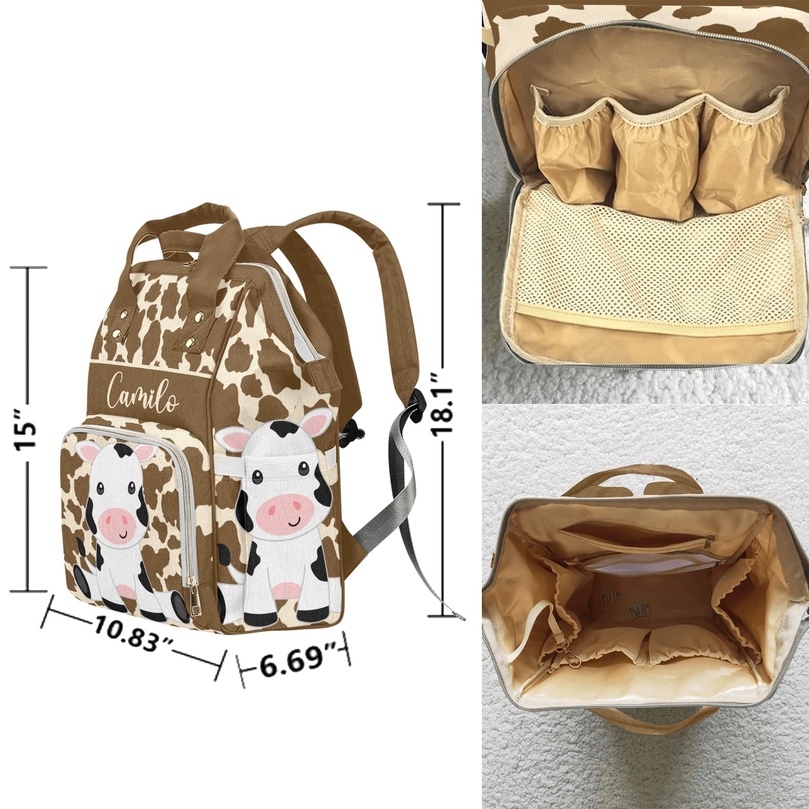 Cute Farm Cow White Brown Personalized Diaper Backpack with Name,Custom Travel DayPack for Nappy Mommy Nursing Baby Bag One Size