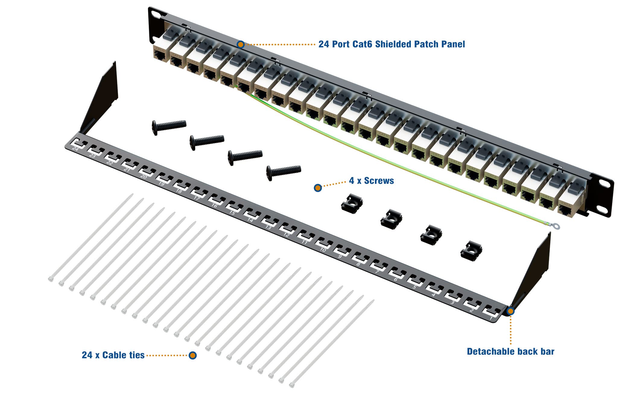 iwillink 10Gbps Patch Panel 24 Port, RJ45 Through Coupler Cat6 Patch Panel, STP Shielded Patch Panel 19-Inch 1U with Back Bar, Wallmount or Rackmount, Compatible with Cat5, Cat5e, Cat6 Cabling