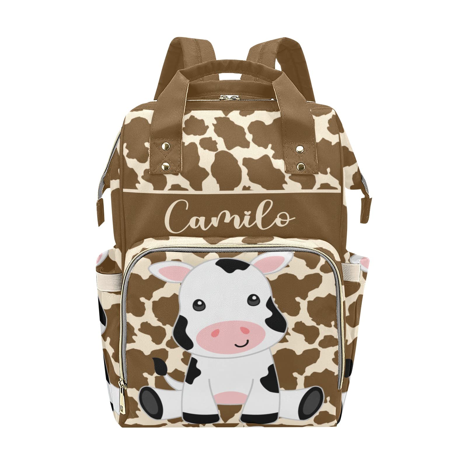 Cute Farm Cow White Brown Personalized Diaper Backpack with Name,Custom Travel DayPack for Nappy Mommy Nursing Baby Bag One Size