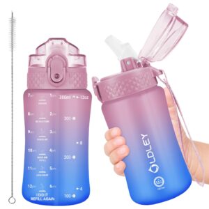 oldley kids water bottle for school, 12 oz (straw lid) bpa-free reusable leak-proof durable tritan plastic water bottles with one-handed opening straw lids, anti-dust spout cover (pink-blue)