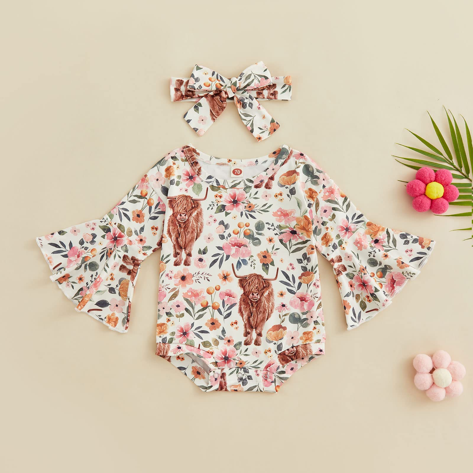 Newborn Baby Girl Romper Flare Long Sleeve Floral Cow Print Bodysuit Jumpsuit with Headband Cute Fall Winter Clothes (Pink, 0-6 Months)