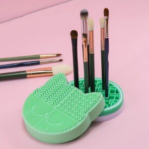 Makeup Brush Cleaner Mat-Silicone Beauty Wash Pad with Dryer Holder 2 in 1 Portable Cosmetic Tool (Green)