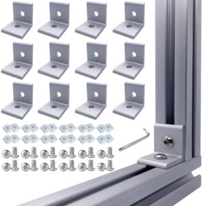 jcspbyl 12 set silver 2020 series aluminum profile connectors, 12pcs l corner bracket,with sliding t nuts and bolts for 2020 aluminum extrusion profiles