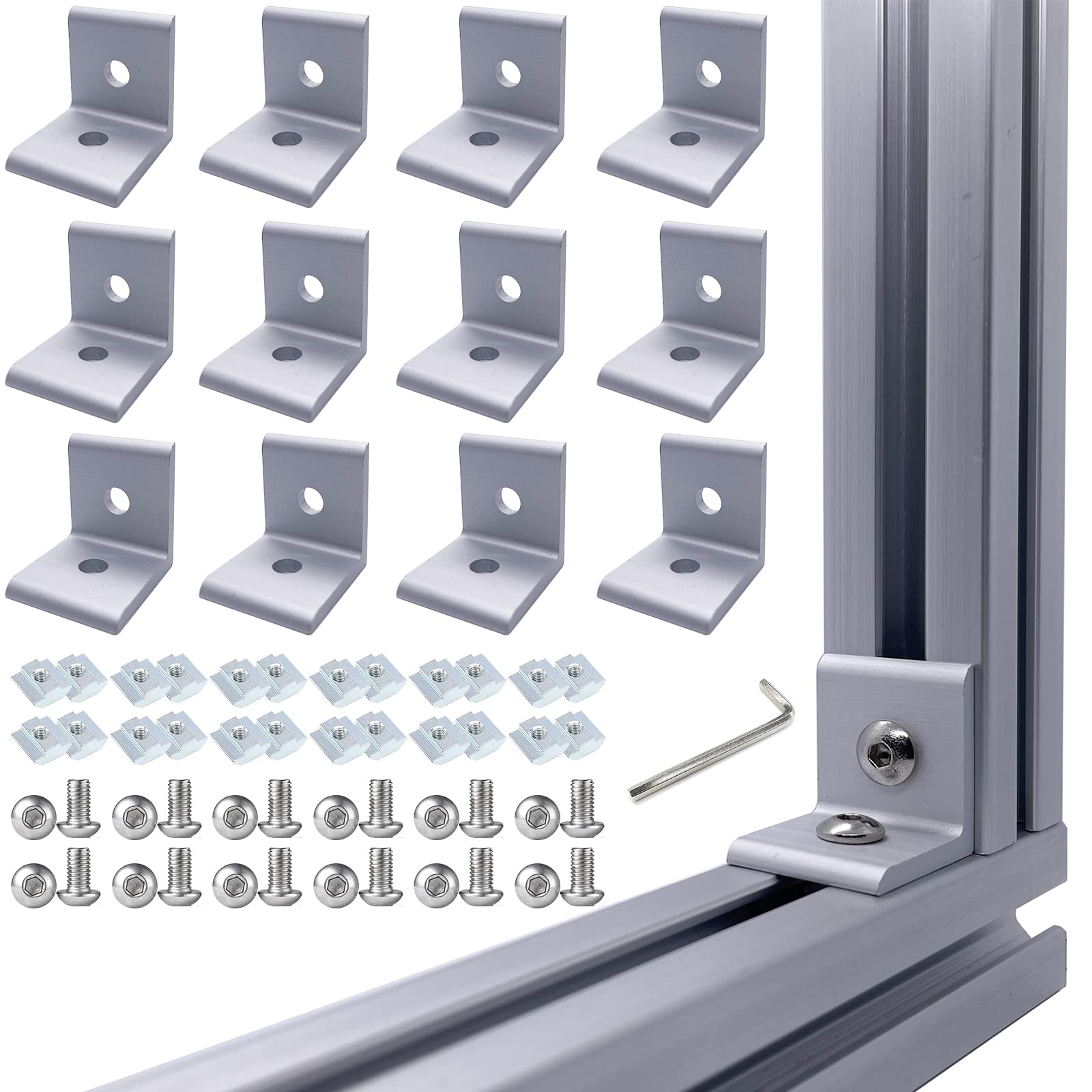 JCSPBYL 12 Set Silver 2020 Series Aluminum Profile Connectors, 12pcs L Corner Bracket,with Sliding T Nuts and Bolts for 2020 Aluminum Extrusion Profiles