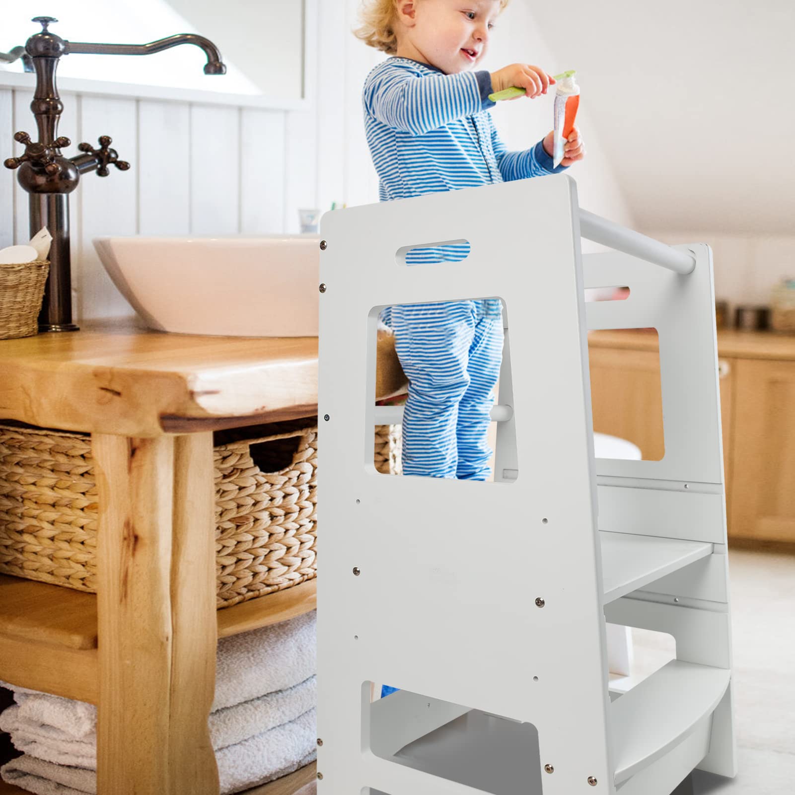 ACEHOME Toddler Kitchen Stool, Toddler Tower with Safety Rail, Toddler Stool for Kitchen Counter, Adjustable Height Little Helper Tower, Kitchen Stool for Toddlers 18 Months and Older, White