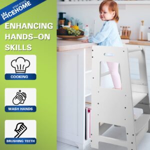 ACEHOME Toddler Kitchen Stool, Toddler Tower with Safety Rail, Toddler Stool for Kitchen Counter, Adjustable Height Little Helper Tower, Kitchen Stool for Toddlers 18 Months and Older, White