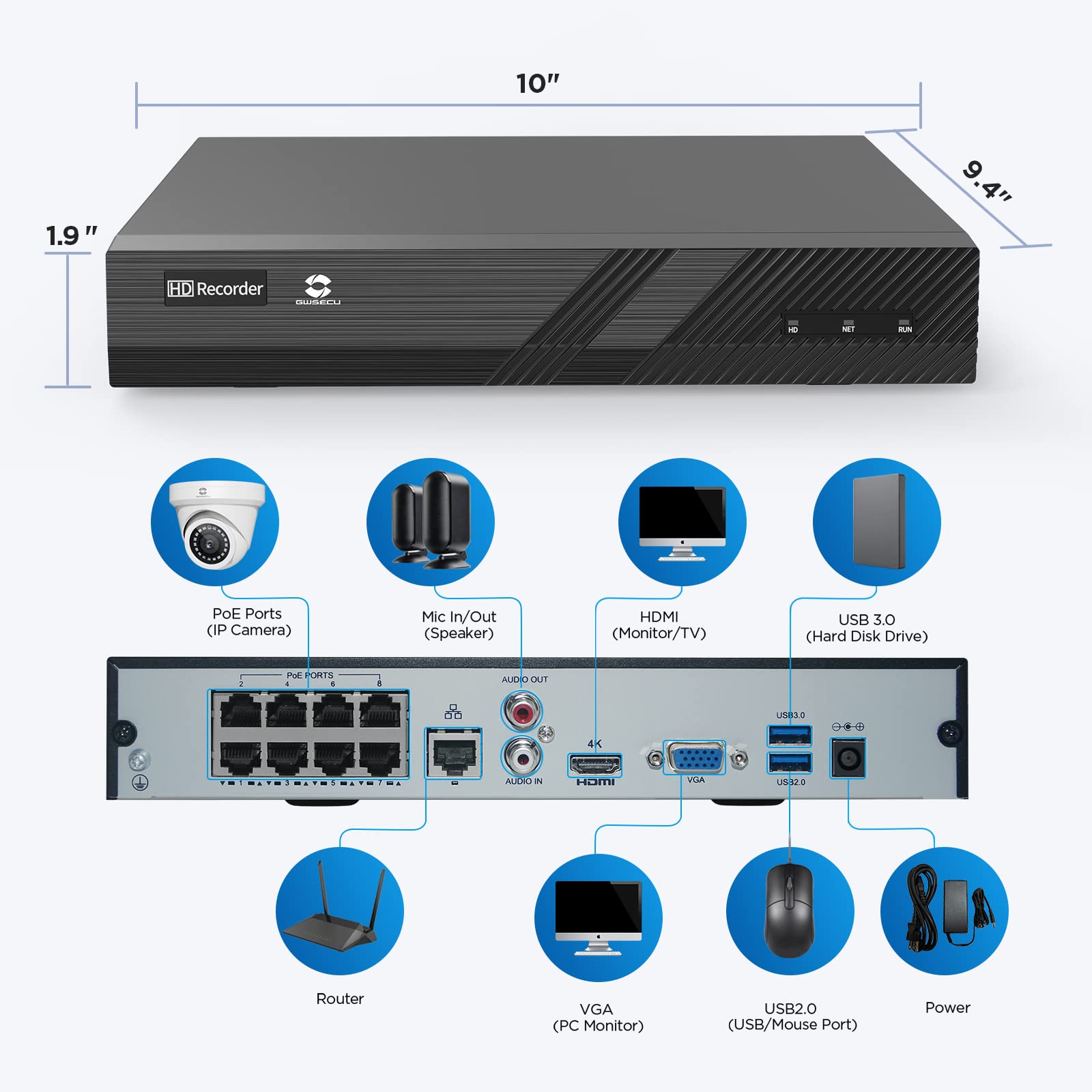 GWSECU 4K 8 Channel PoE NVR, 3MP/4MP/5MP/6MP/8MP H.265 Network Video Recorder, Supports up to 8X 8MP/4K IP Cameras, 1 SATA Ports Up to 10TB, Remote Access, No Hard Disk Drive, NVR8P