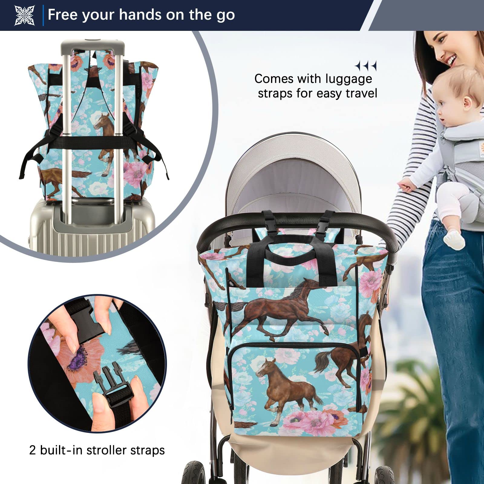 Vnurnrn Baby Diaper Bag Backpack, Portable Baby Bag for Boys Girls, Large Multifunction Travel Baby Changing Bag with Stroller Straps and Insulated Pockets, Running Horse and Flowers