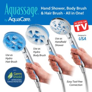 High Pressure 6-in-1 Aquassage by AquaCare - 76-mode 3-way Combo, Showerhead, Hand Shower, Body Brush, Hair Brush & Arm in One! Two Brackets, Extra-long 6 foot Stainless Steel Hose, Brush Head Holder