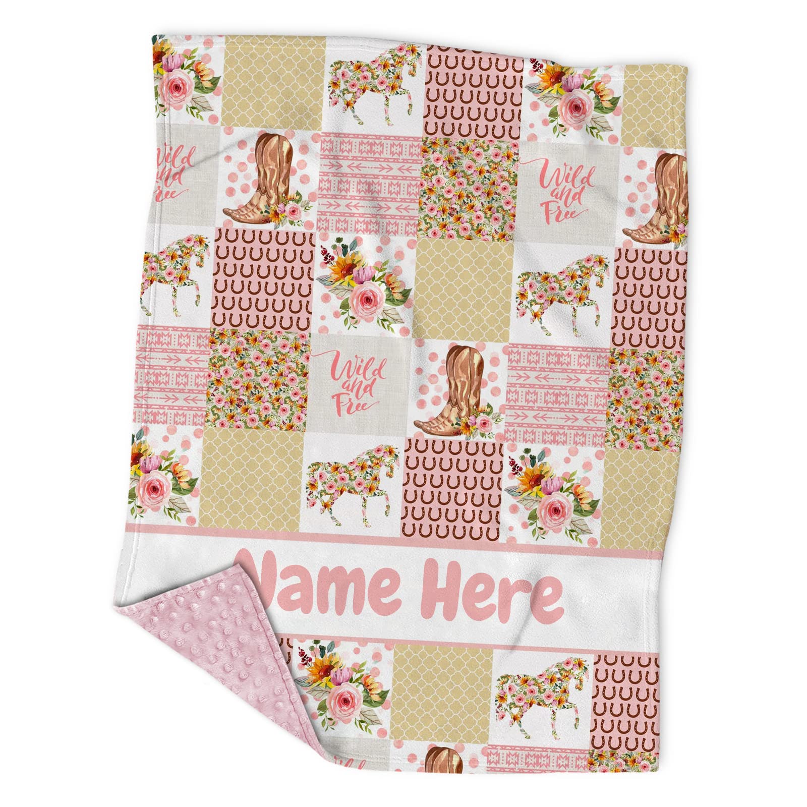 Personalized Floral Horse Minky Baby Blankets with Name, Custom Rose Baby Crib Bedding Sets for Girls Kids- Registry Gifts - Soft Plush Infant Toddler Baby Newborn Blanket