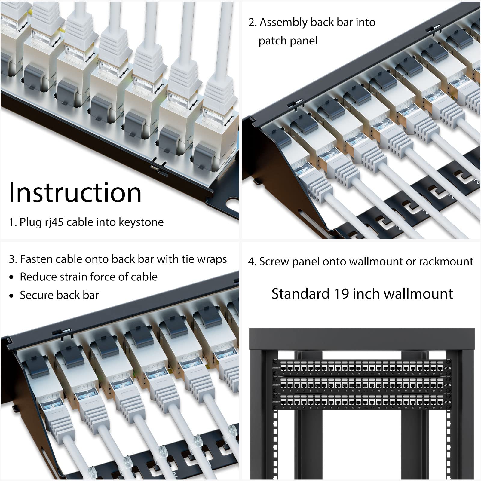 iwillink 10Gbps Patch Panel 24 Port, RJ45 Through Coupler Cat6 Patch Panel, STP Shielded Patch Panel 19-Inch 1U with Back Bar, Wallmount or Rackmount, Compatible with Cat5, Cat5e, Cat6 Cabling