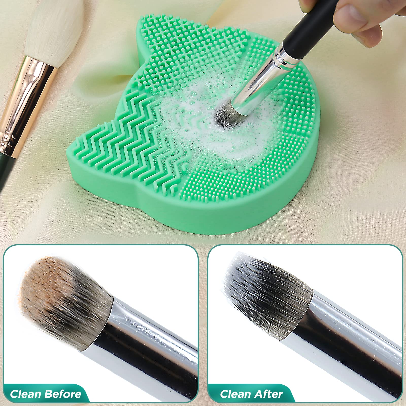 Makeup Brush Cleaner Mat-Silicone Beauty Wash Pad with Dryer Holder 2 in 1 Portable Cosmetic Tool (Green)