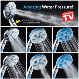 High Pressure 6-in-1 Aquassage by AquaCare - 76-mode 3-way Combo, Showerhead, Hand Shower, Body Brush, Hair Brush & Arm in One! Two Brackets, Extra-long 6 foot Stainless Steel Hose, Brush Head Holder